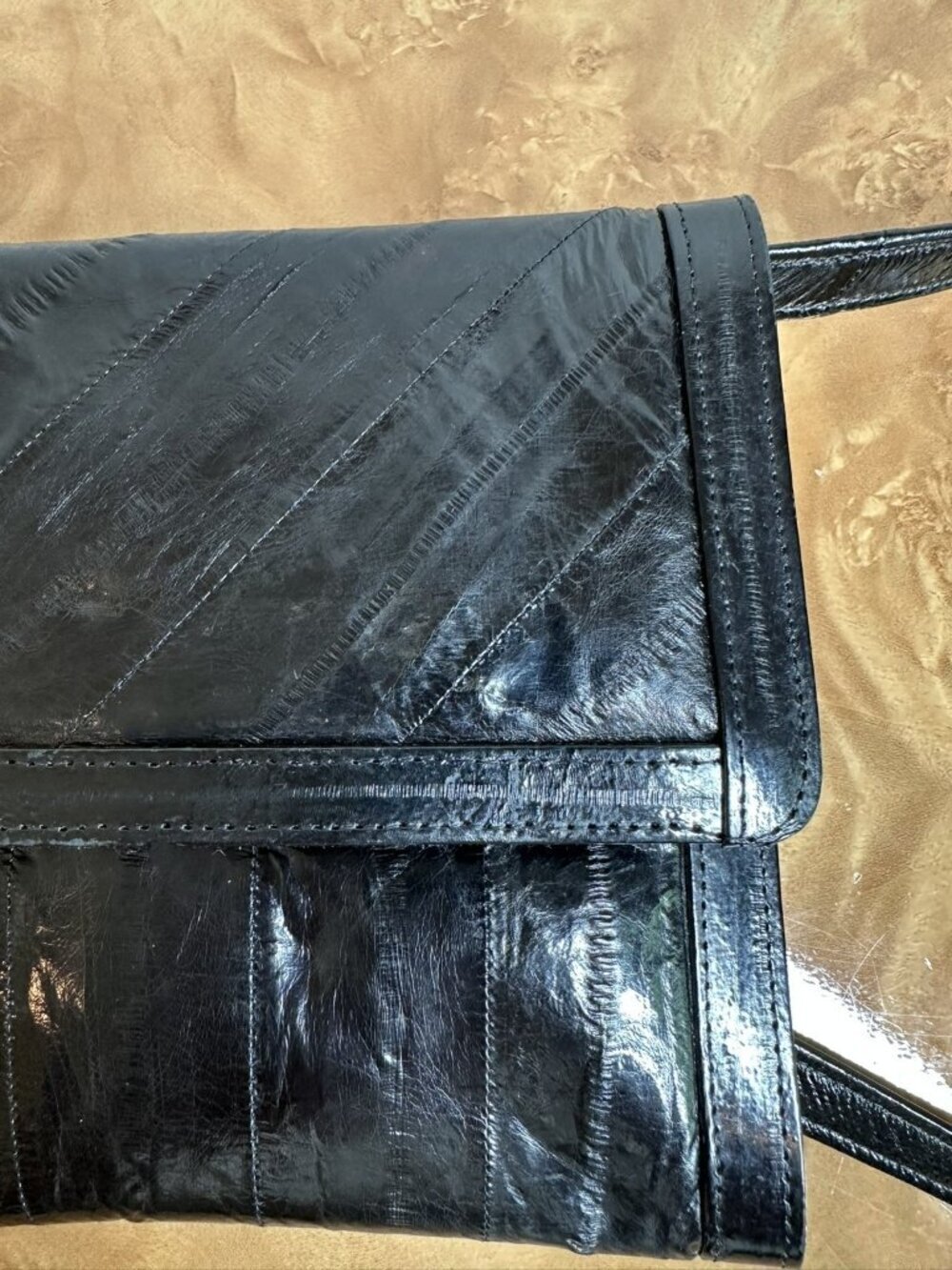 Vintage Black Eelskin Leather Shoulder Bag Clutch Purse Korea - Picture 9 of 10